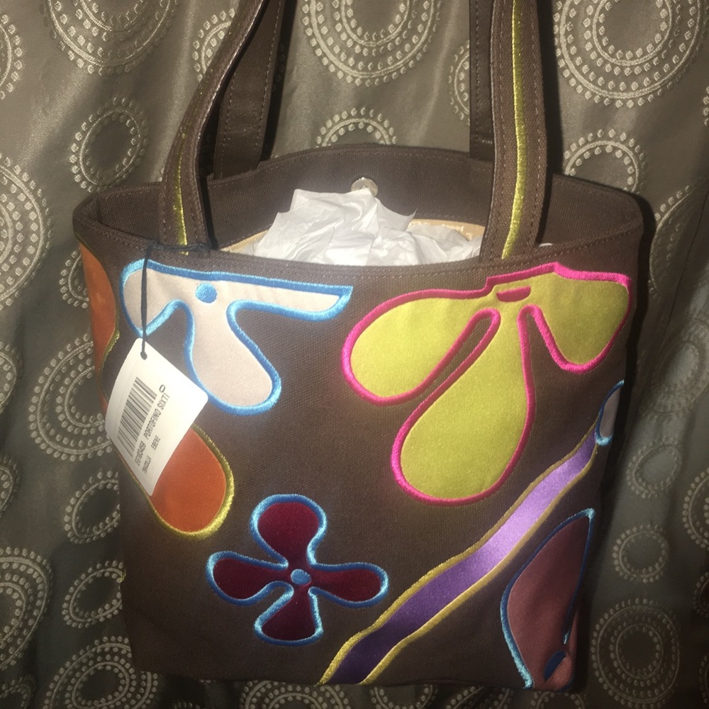 LAMARTHE PARIS Vintage Retro Floral Look Canvas Tote Handbag with Leather Trim